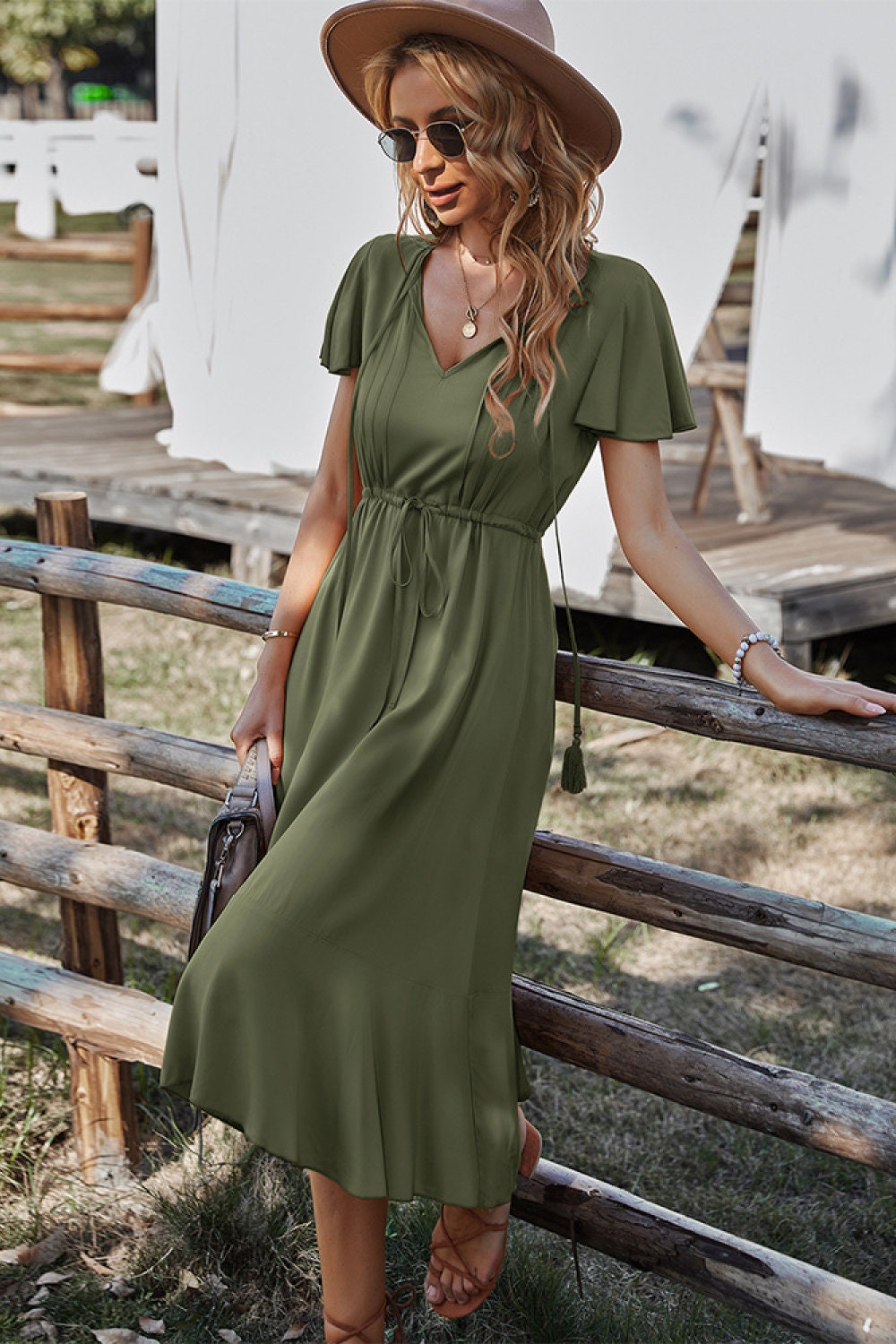 Women's Short Sleeve Midi Dress with Drawstring Waist Detail