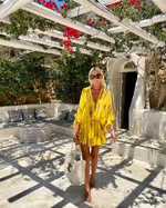 Women's Yellow Puff-Sleeve Mini Dress with Ombre Print