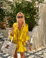 Women's Yellow Puff-Sleeve Mini Dress with Ombre Print