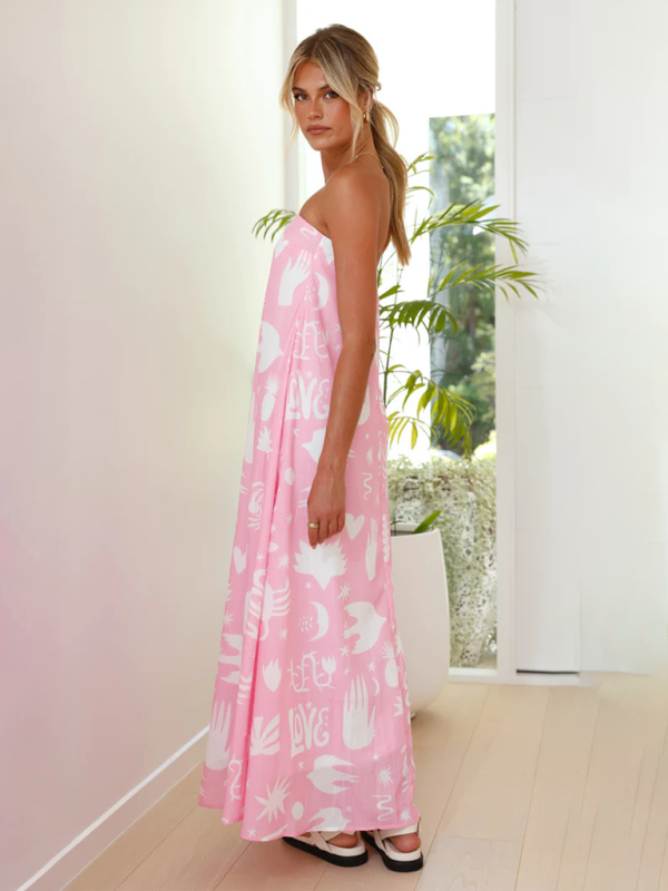 Women's Tropical Print Strapless Maxi Dress with Flowy Design