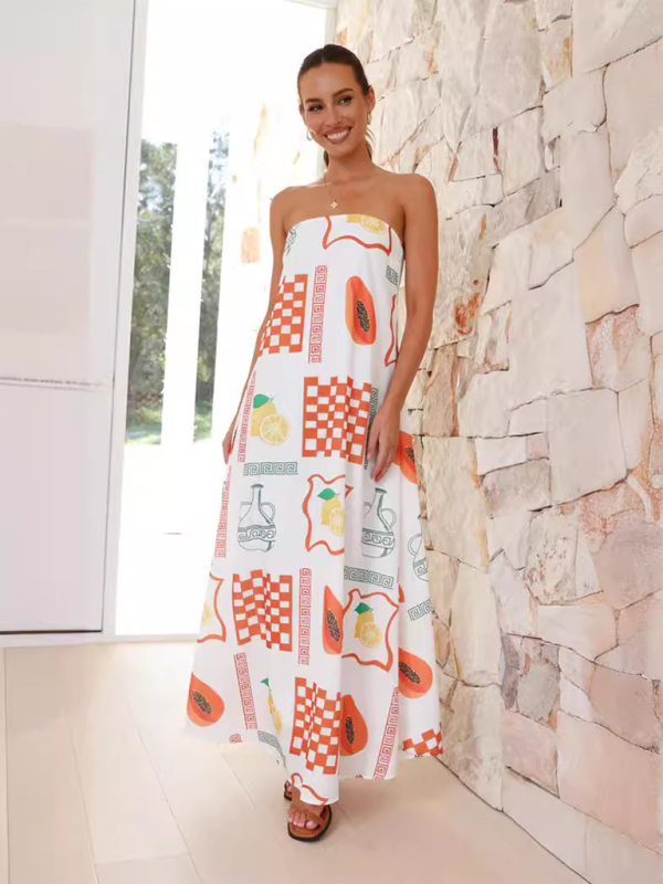 Women's Tropical Print Strapless Maxi Dress with Flowy Design