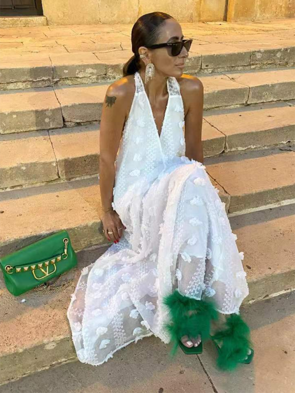 Women's Halterneck Maxi Dress with 3D Flowers