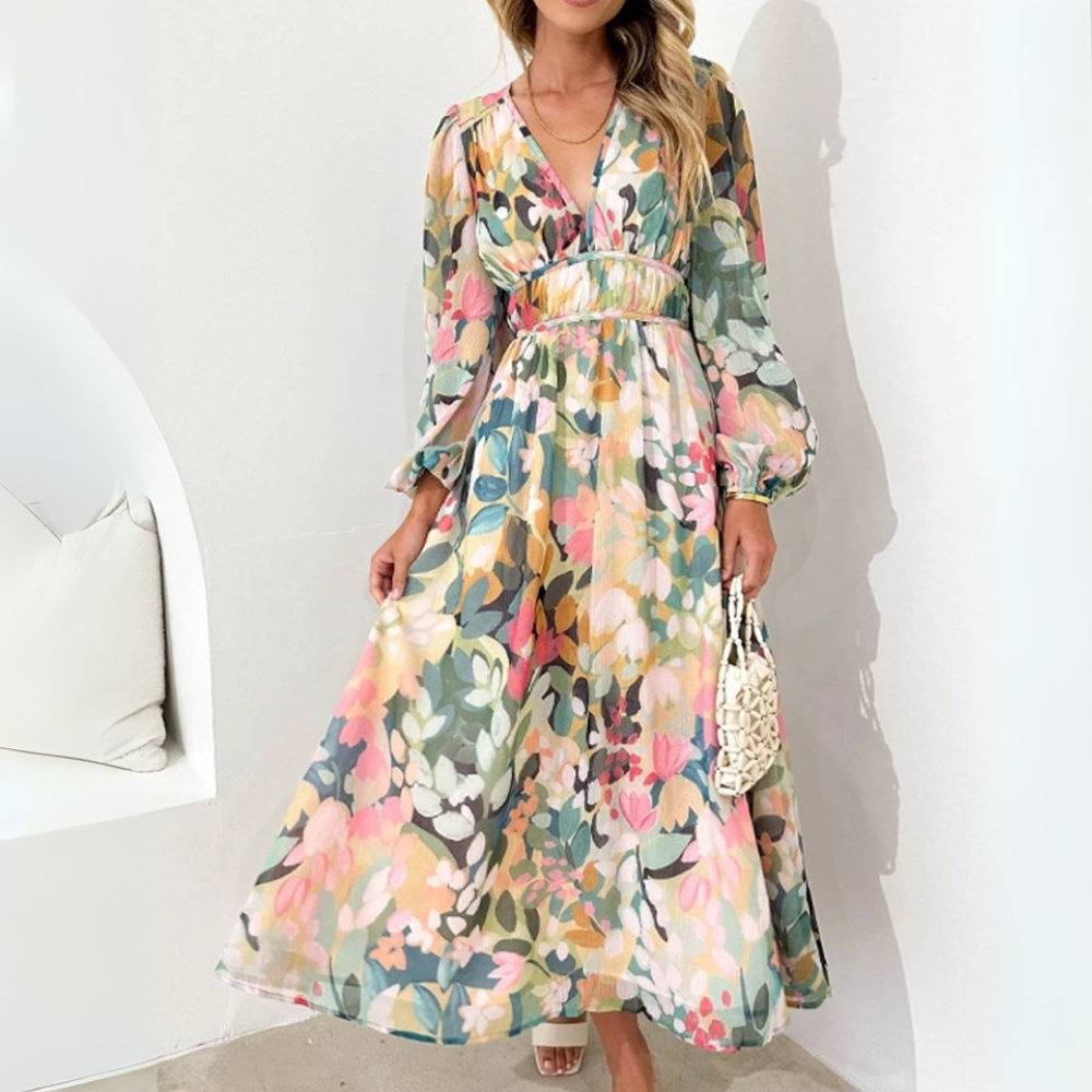 Women's Long-Sleeve Maxi Dress with Floral Print and V-Neck