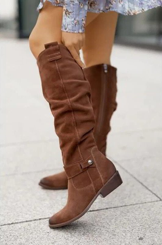 Women's Knee-High Boots with Low Heel and Side Zip Closure