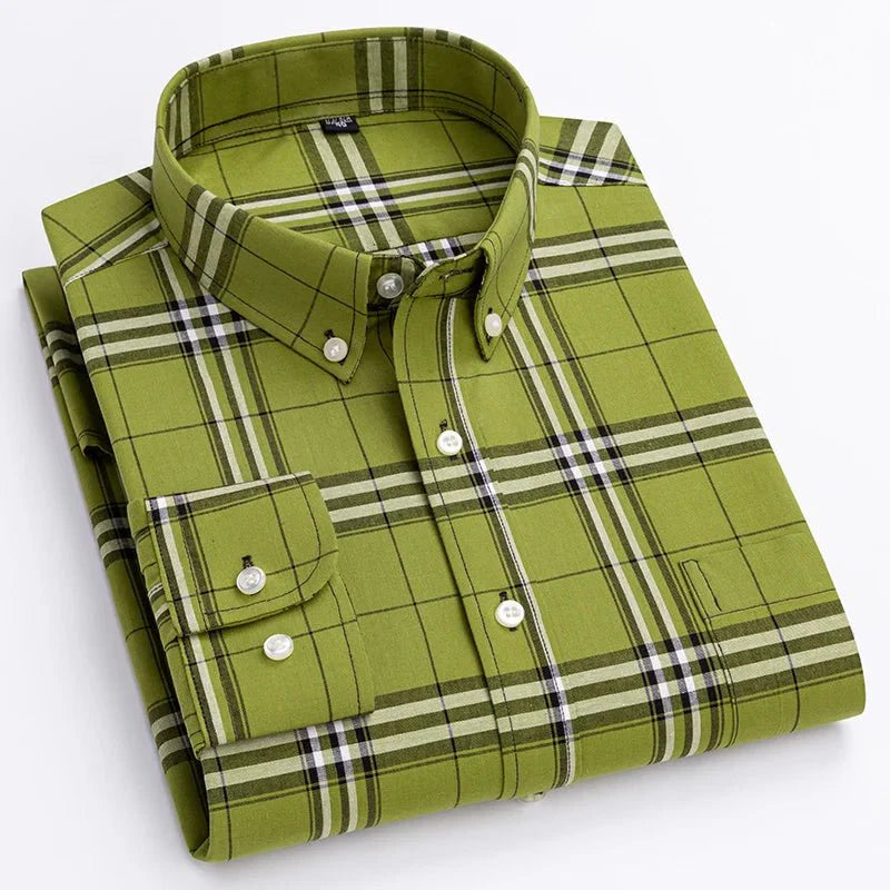 Men's Casual Long Sleeve Plaid Shirt with Button Down Front