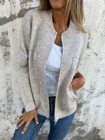 Women's Zip Front Casual Jacket with Round Neck and Side Pockets