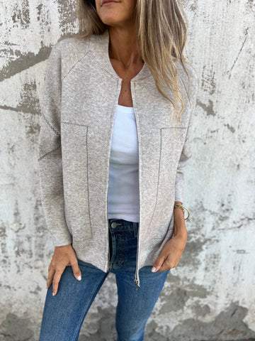 Women's Zip Front Casual Jacket with Round Neck and Side Pockets
