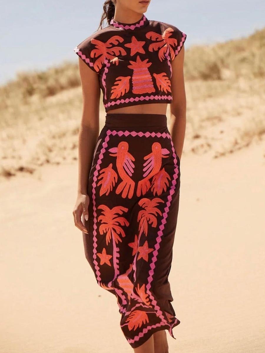 Women's Embroidered Crop Top and High-Waisted Skirt Two-Piece Set
