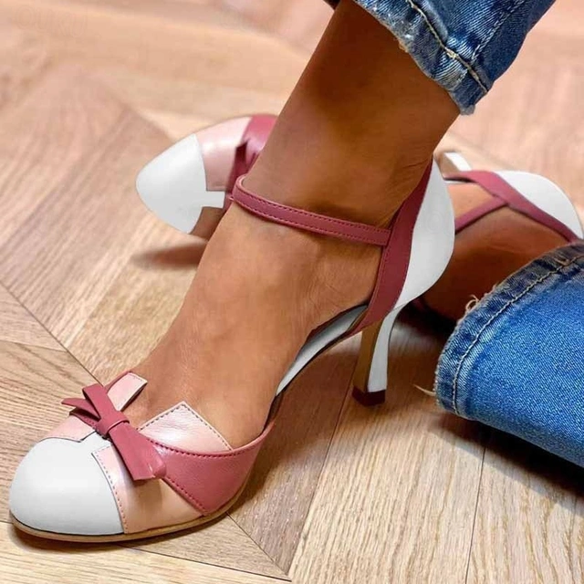 Women's Mid-Heel Ankle Strap Shoes with Bow Detail