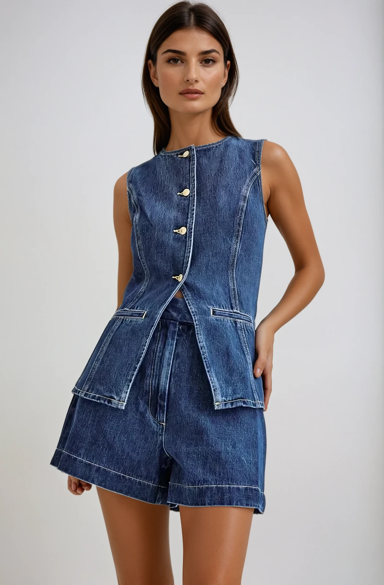 Women's Sleeveless Button-Up Denim Two-Piece Set with Fitted Vest and Shorts