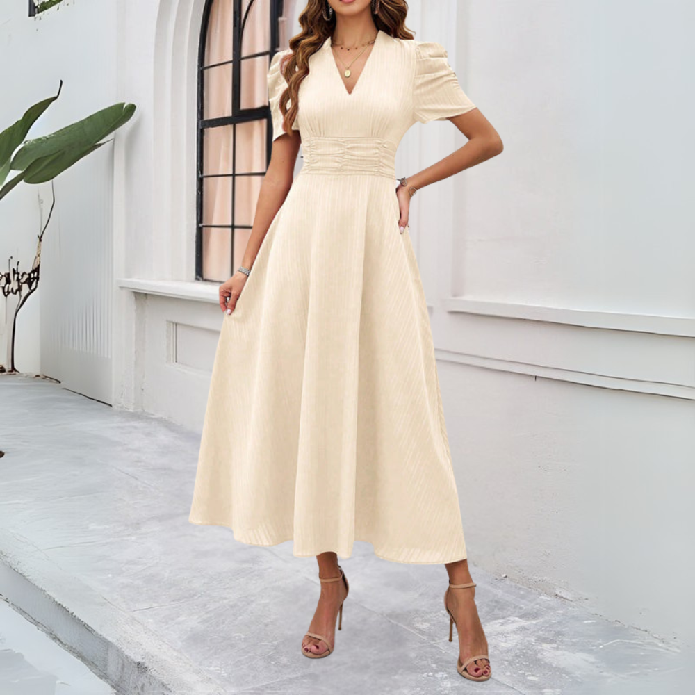 Women's V-Neck Puff Sleeve Maxi Dress with Fitted Waist Detail