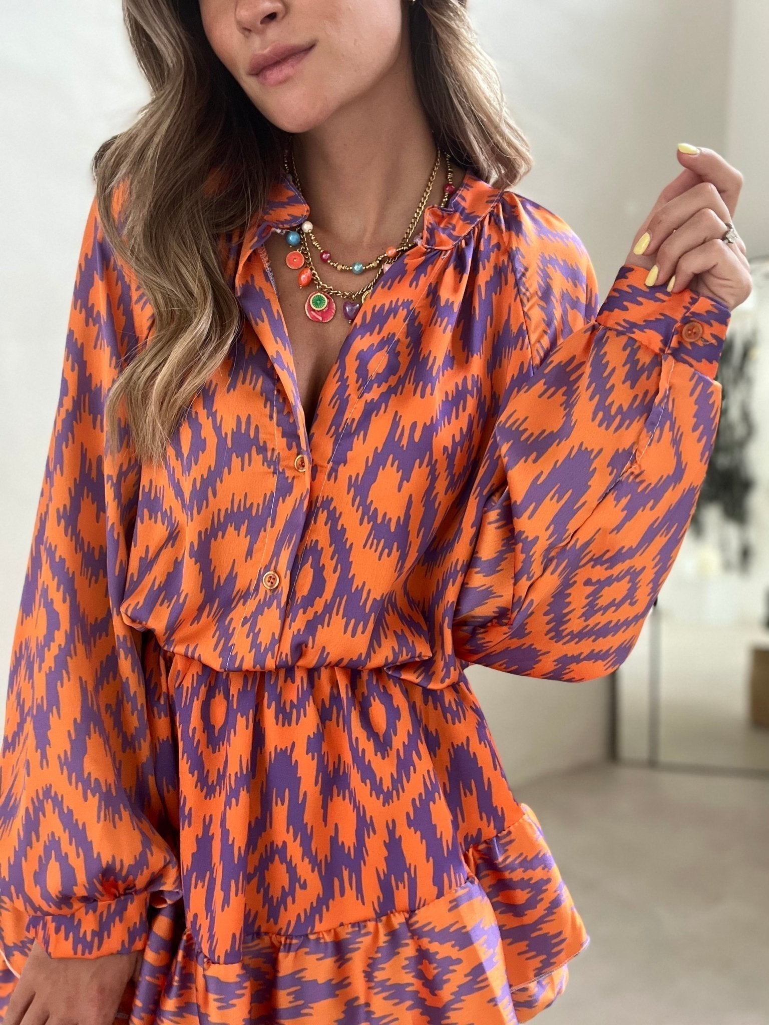 Women's Boho Long Sleeve Jumpsuit with Ruffle Hem and Elastic Waist