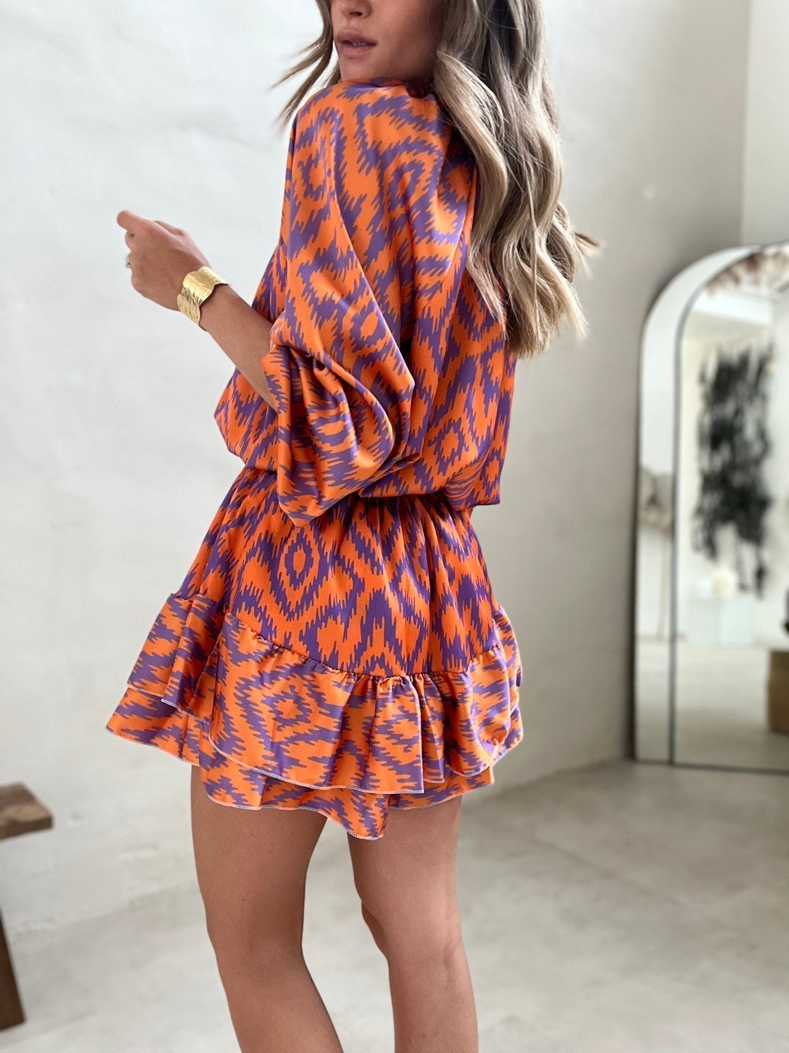 Women's Boho Long Sleeve Jumpsuit with Ruffle Hem and Elastic Waist