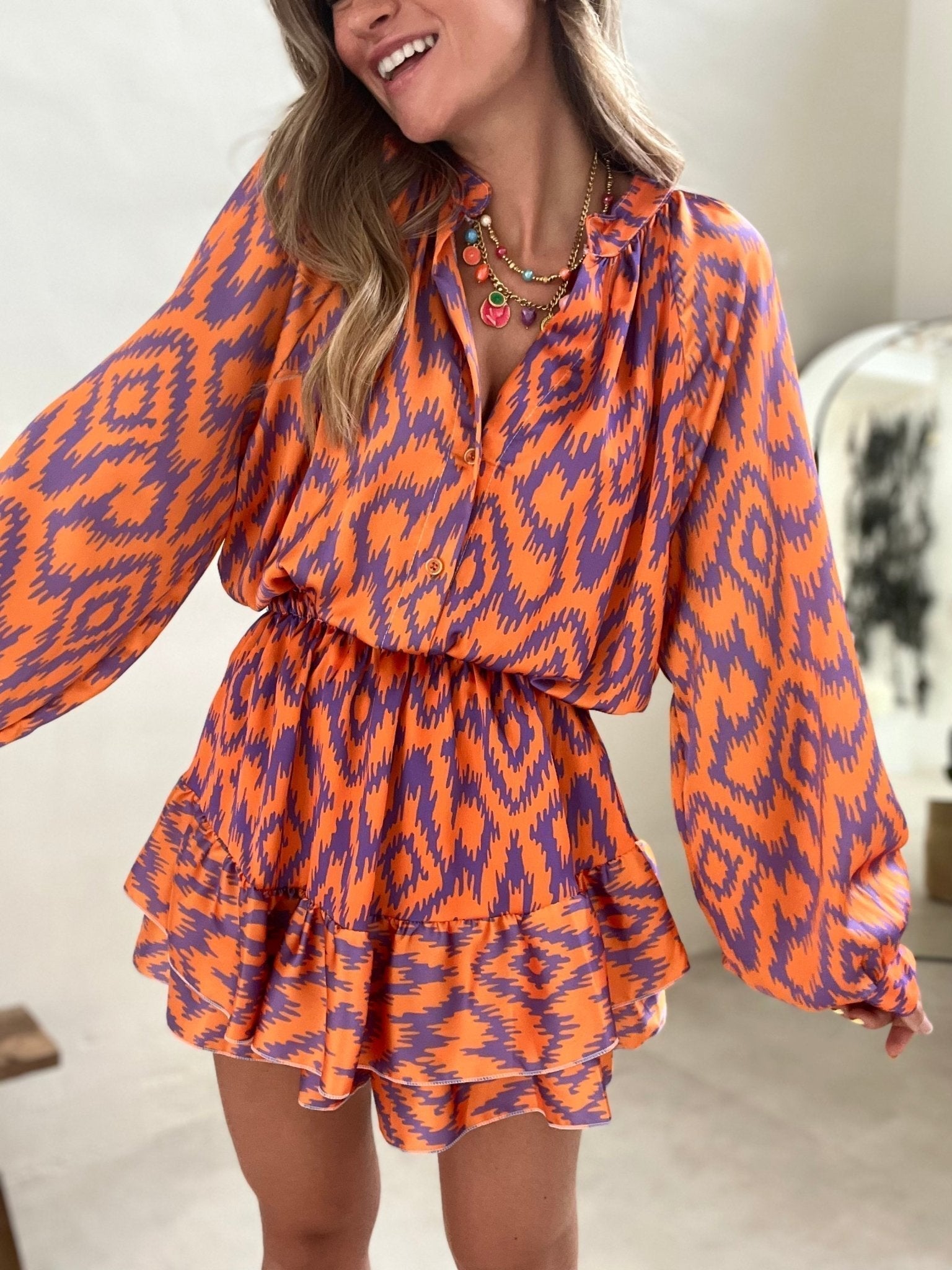 Women's Boho Long Sleeve Jumpsuit with Ruffle Hem and Elastic Waist