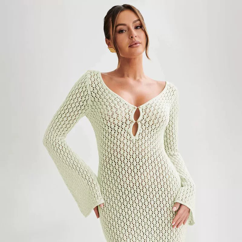 Women's Crochet Knit Maxi Dress with Bell Sleeves
