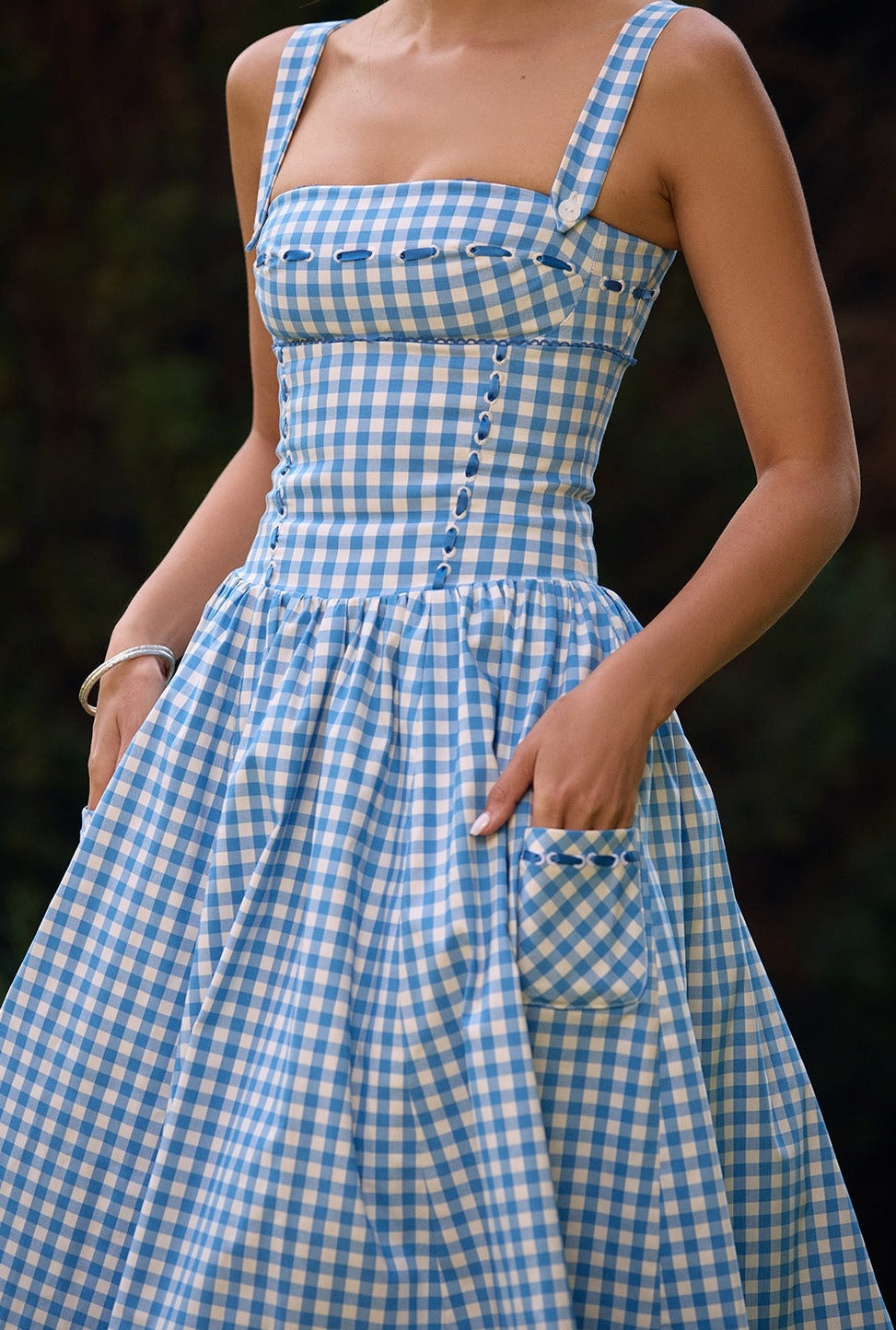 Women's Gingham Maxi Dress with Smocked Bodice and Straps