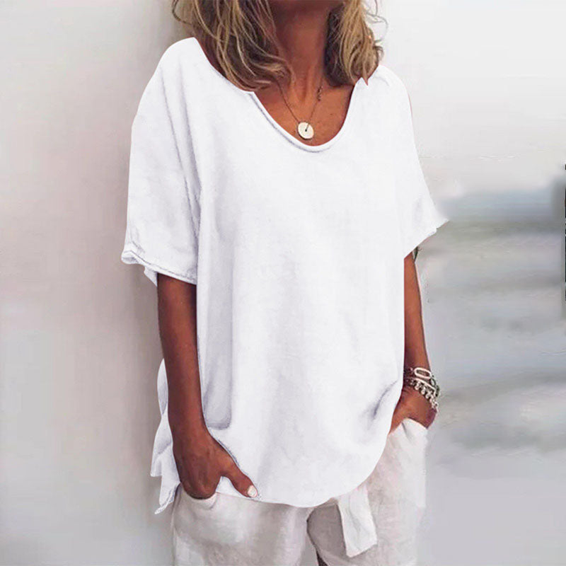 Women’s Relaxed Fit Blouse with Scoop Neck and Rolled Sleeves