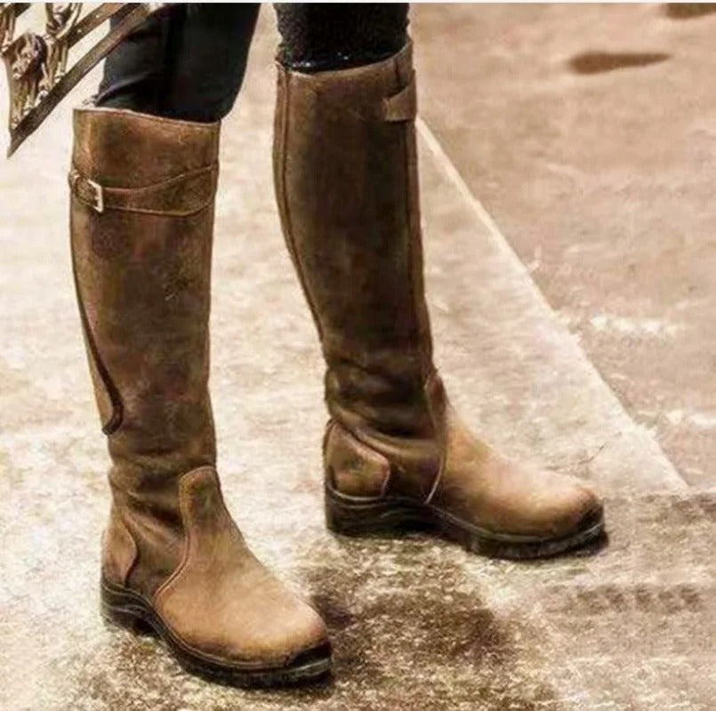 Women's Knee-High Waterproof Boots with Buckle Strap and Grip Sole