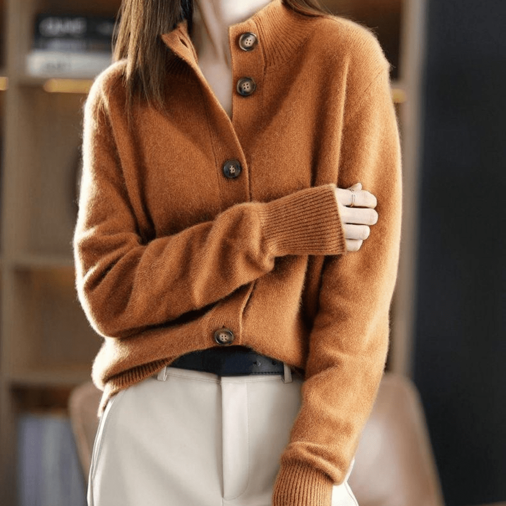 Women's Knit Button-Up Cardigan with Classic Lapel Collar