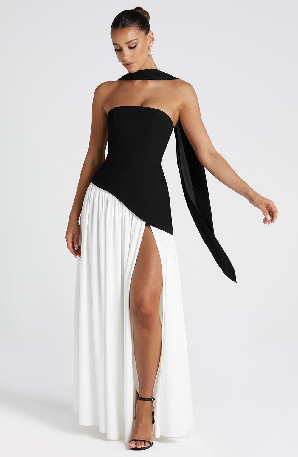 Women's Strapless Maxi Dress with High Slit and Asymmetric Waist