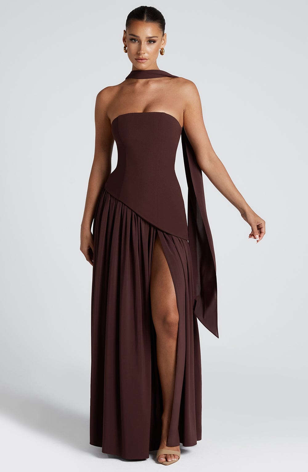 Women's Strapless Maxi Dress with High Slit and Asymmetric Waist