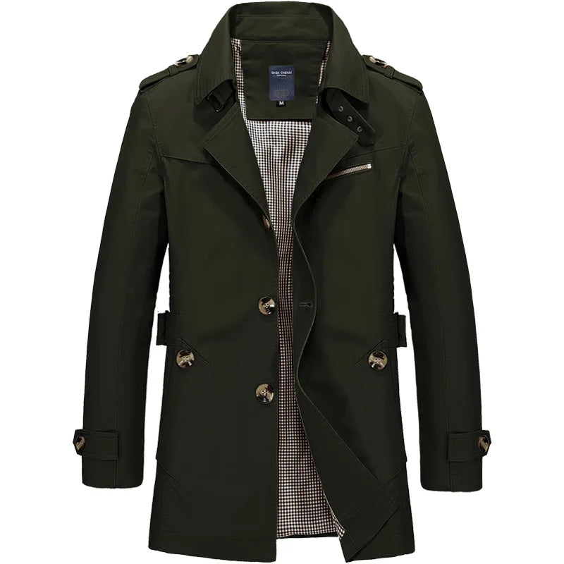 Men's Double-Breasted Trench Coat with Belted Cuffs and Lapels