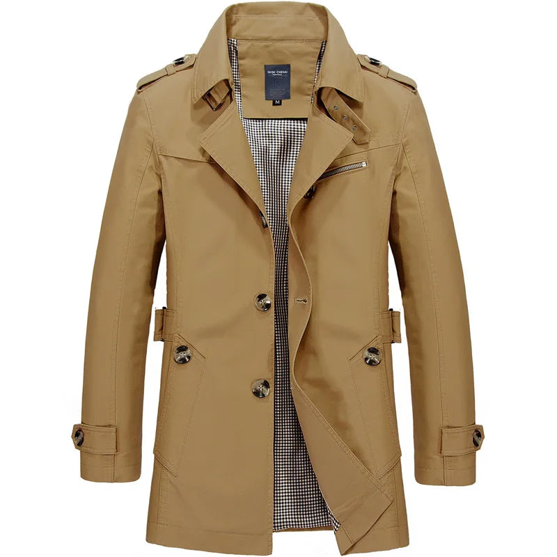 Men's Double-Breasted Trench Coat with Belted Cuffs and Lapels