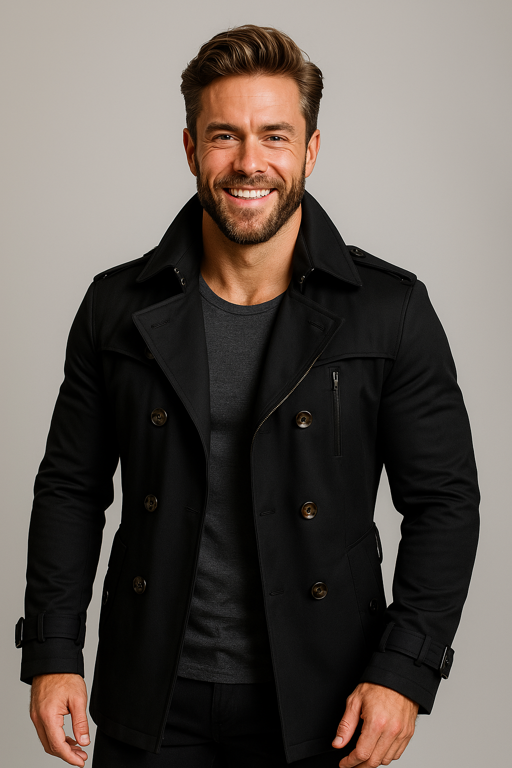 Men's Double-Breasted Trench Coat with Belted Cuffs and Lapels