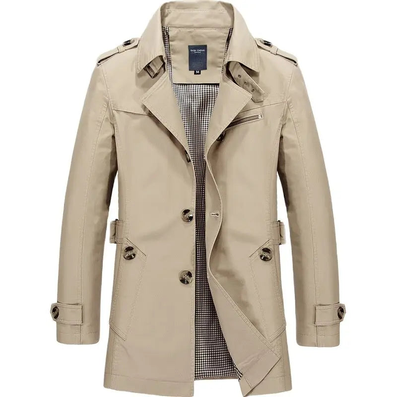 Men's Double-Breasted Trench Coat with Belted Cuffs and Lapels