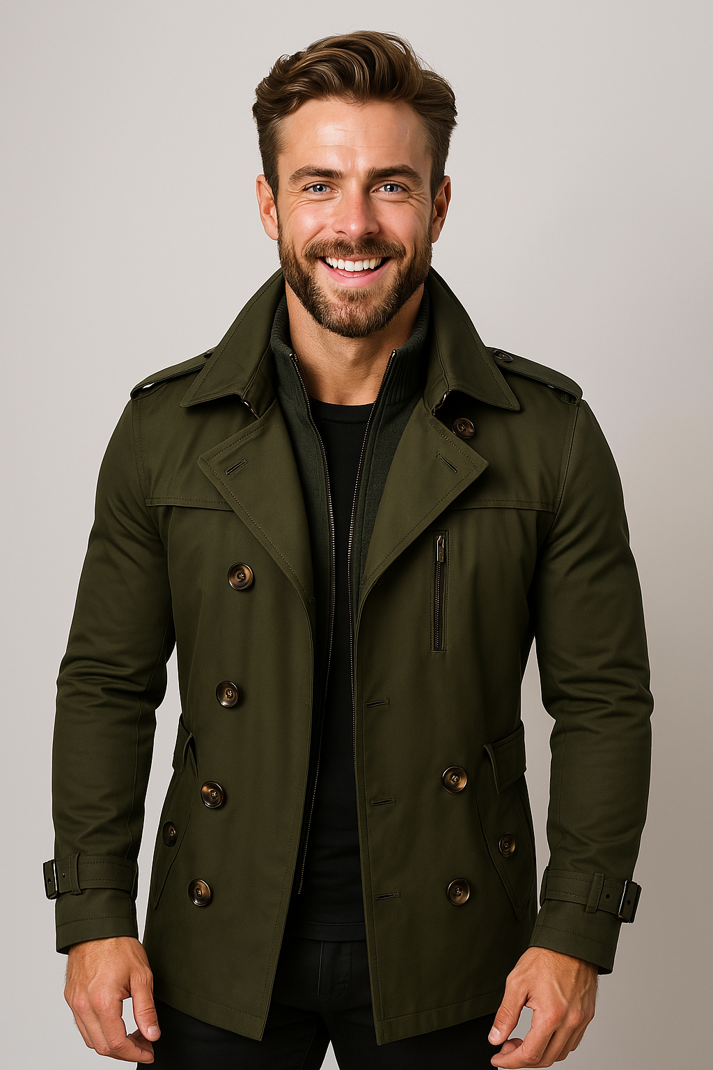 Men's Double-Breasted Trench Coat with Belted Cuffs and Lapels