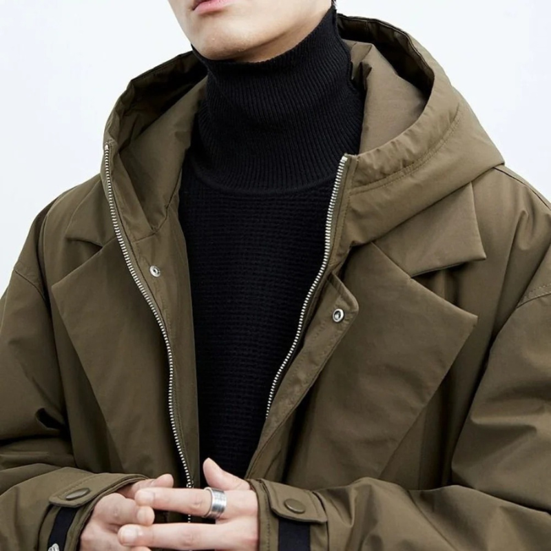 Men's Long Waterproof Puffer Trench Coat with Hood