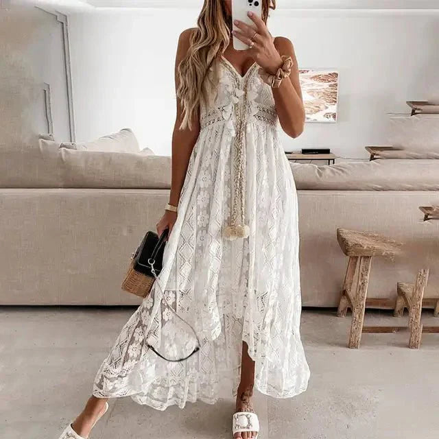 Women's Boho Style Sleeveless V-Neck Maxi Dress with Tassels