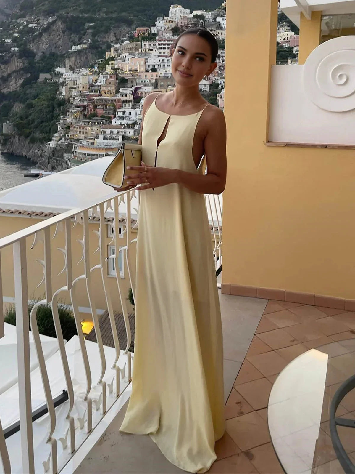 Women's Yellow Backless Maxi Dress with Sleek Straps and Open Back