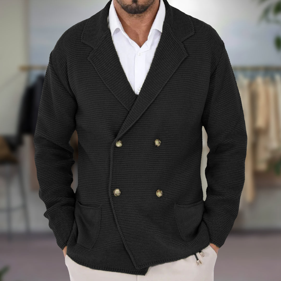 Men's Knit Cardigan with Double-Breasted Front and Blazer Lapel