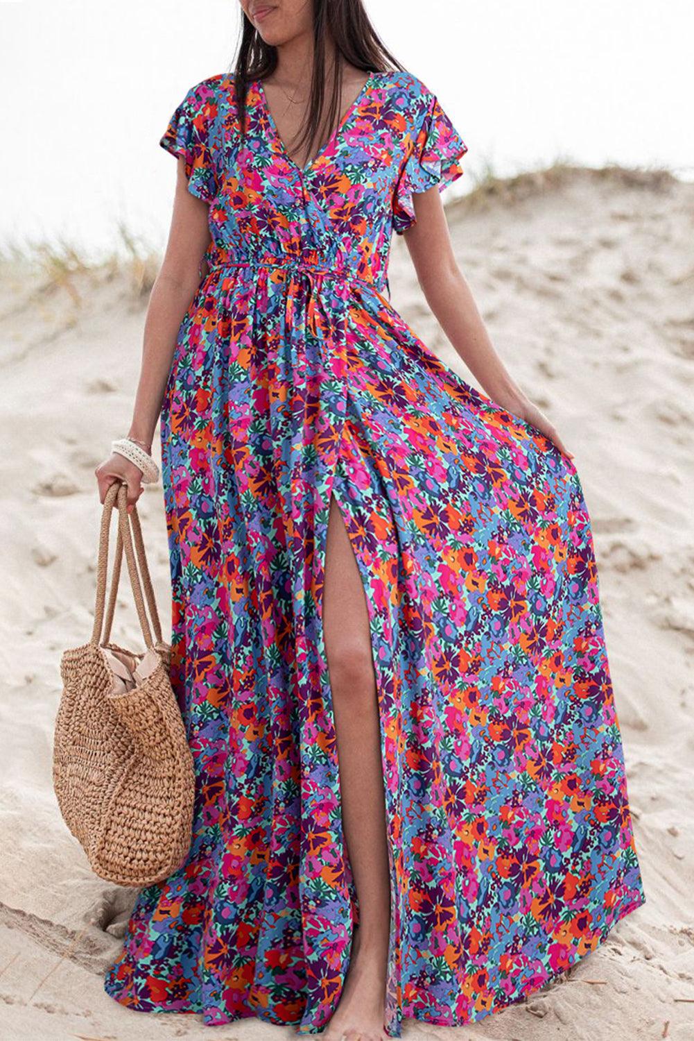 Women’s Floral Maxi Wrap Dress with V-Neck and Flowing Short Sleeves