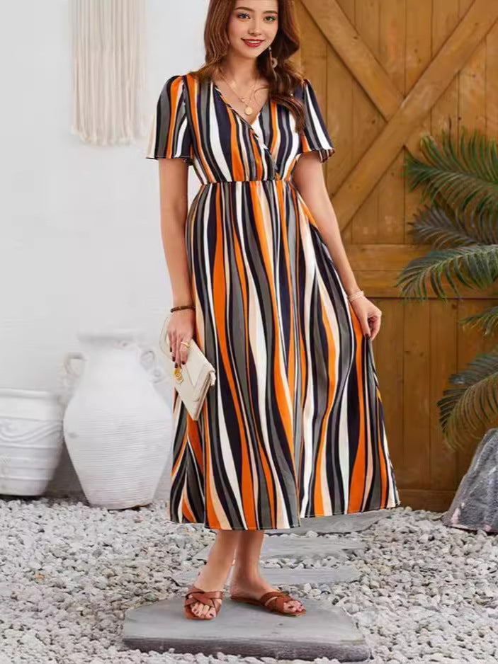 Women's Striped Maxi Dress with V-Neck and Short Sleeves