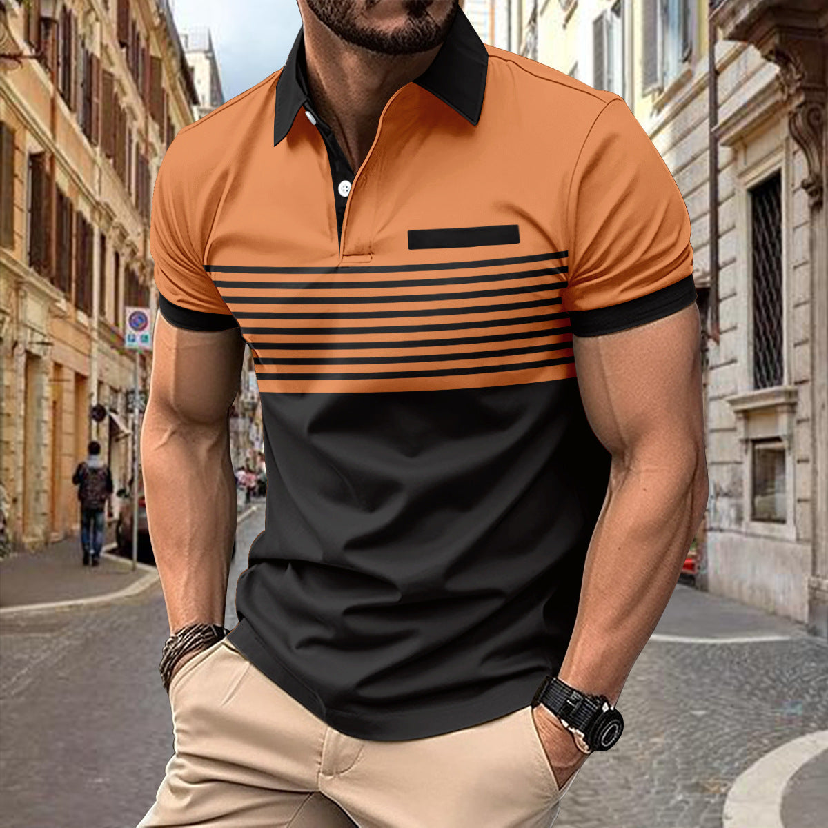 Men's Slim Fit Short Sleeve Polo Shirt with Striped Colorblock Design