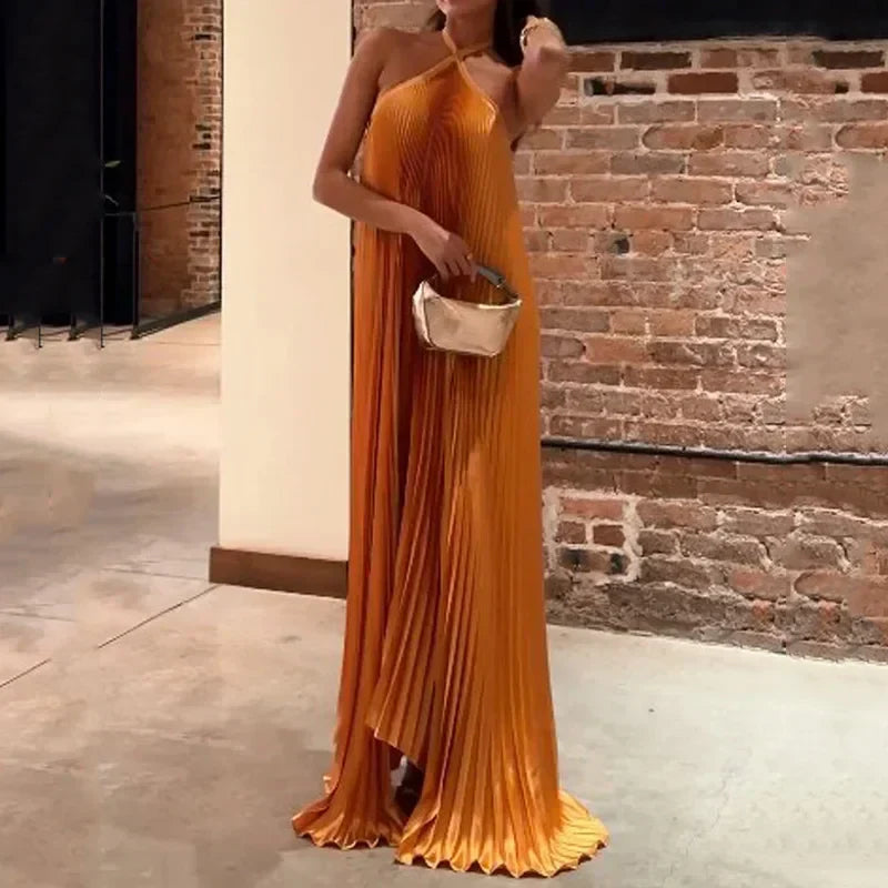 Women's Elegant Pleated Halter Neck Maxi Dress with Flowing Fit