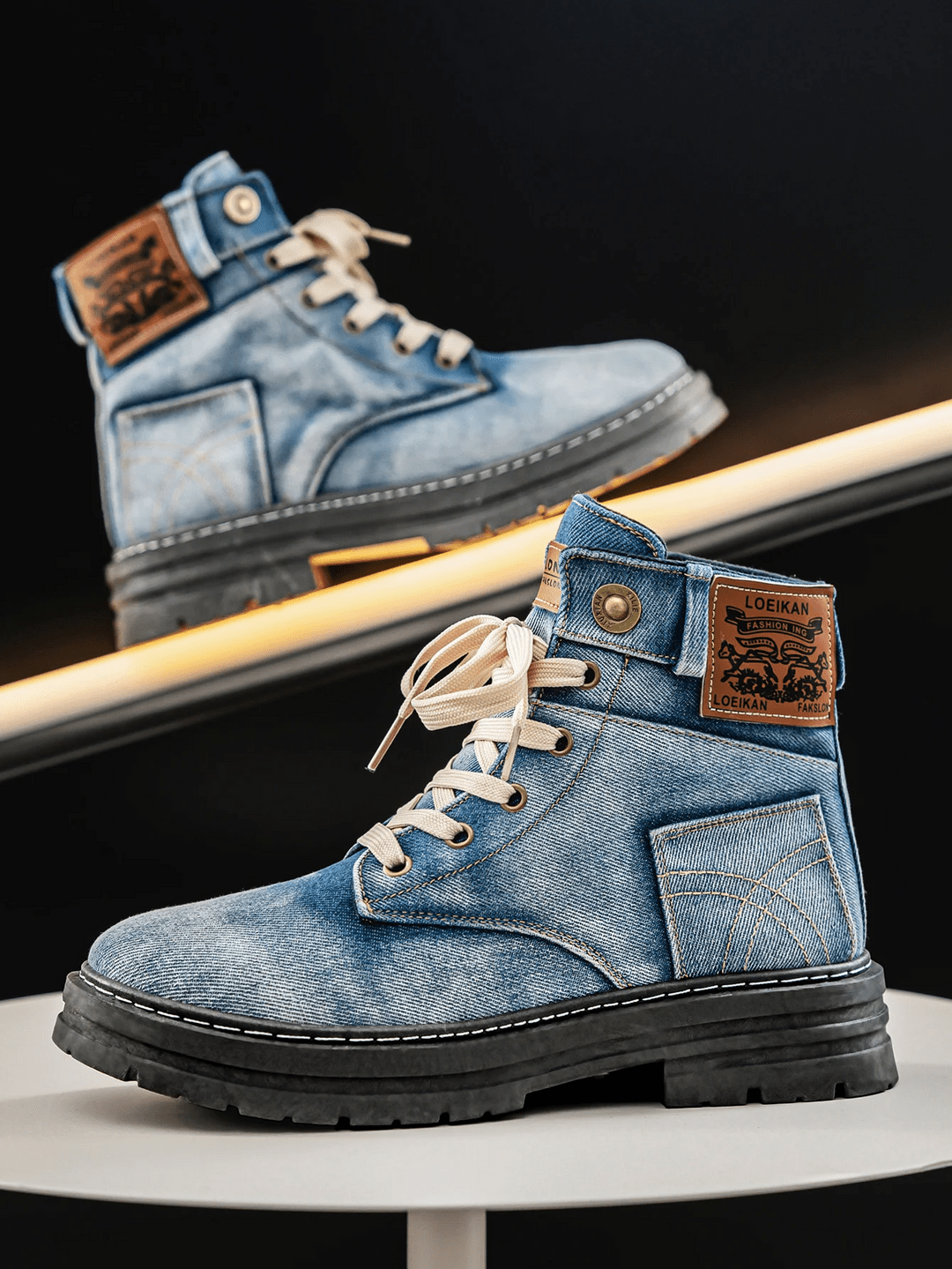 Men’s Lace-Up Denim Boots with Rugged Sole and Casual Street Style