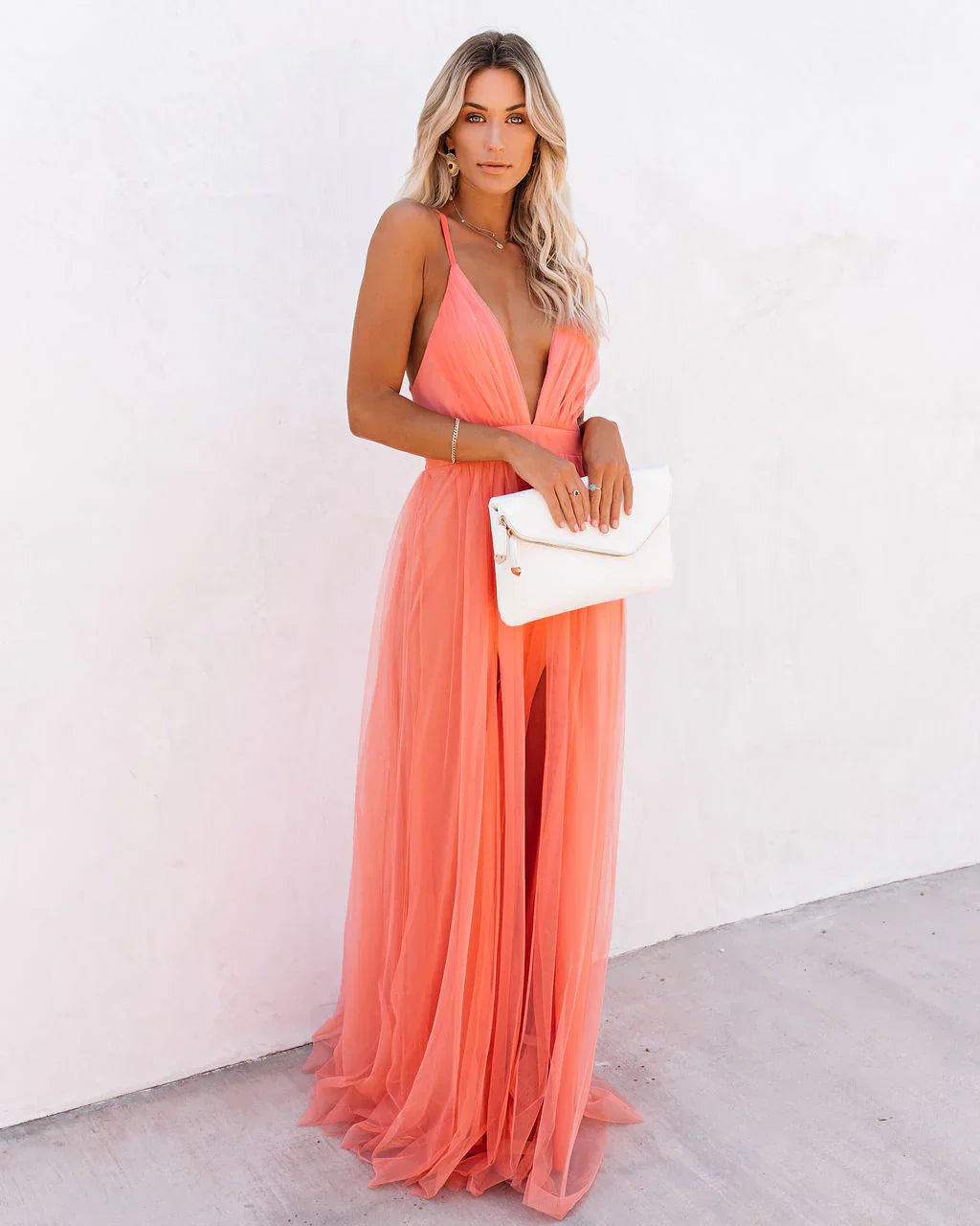 Women's Elegant Deep V-Neck Maxi Dress with Front Slit