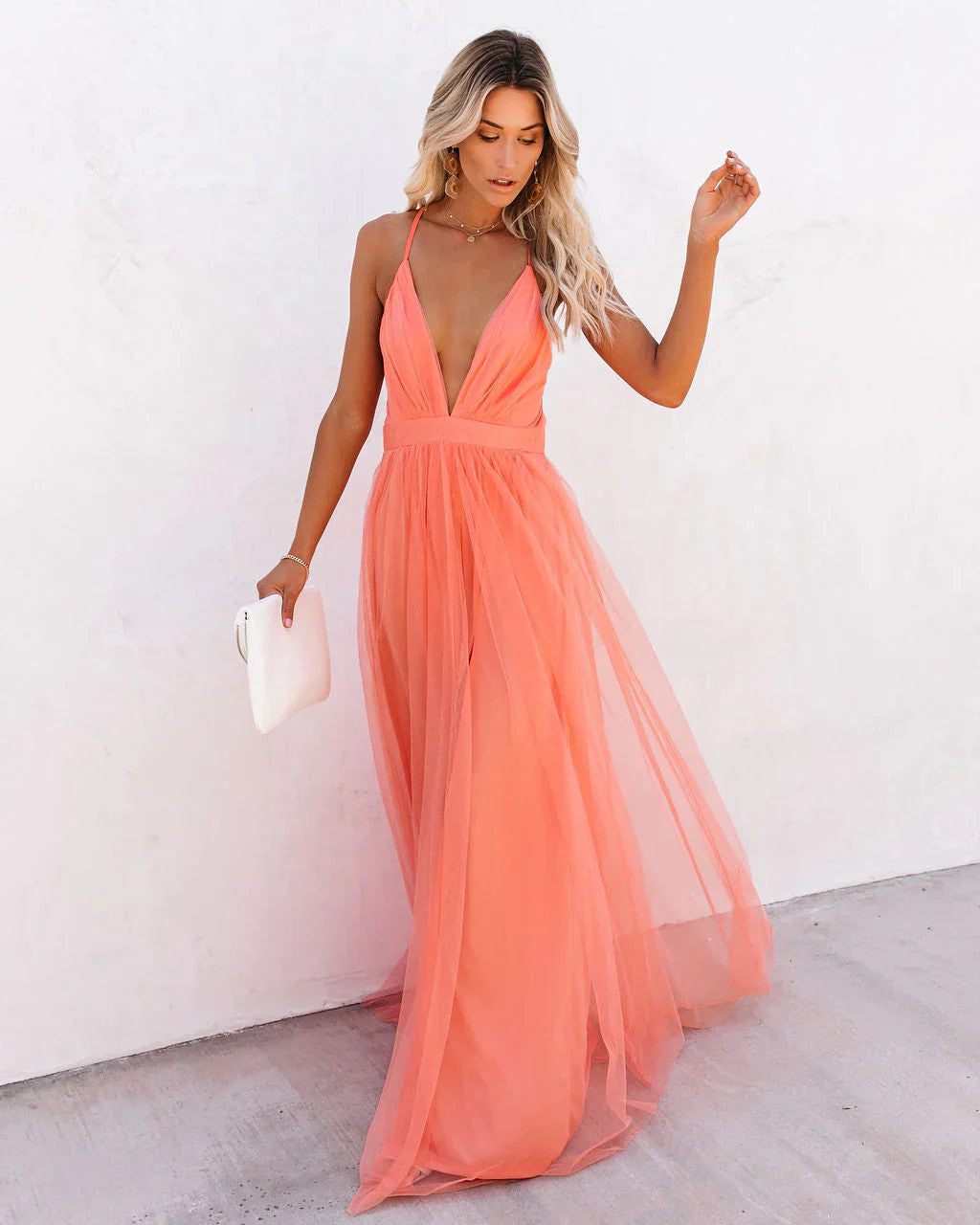 Women's Elegant Deep V-Neck Maxi Dress with Front Slit