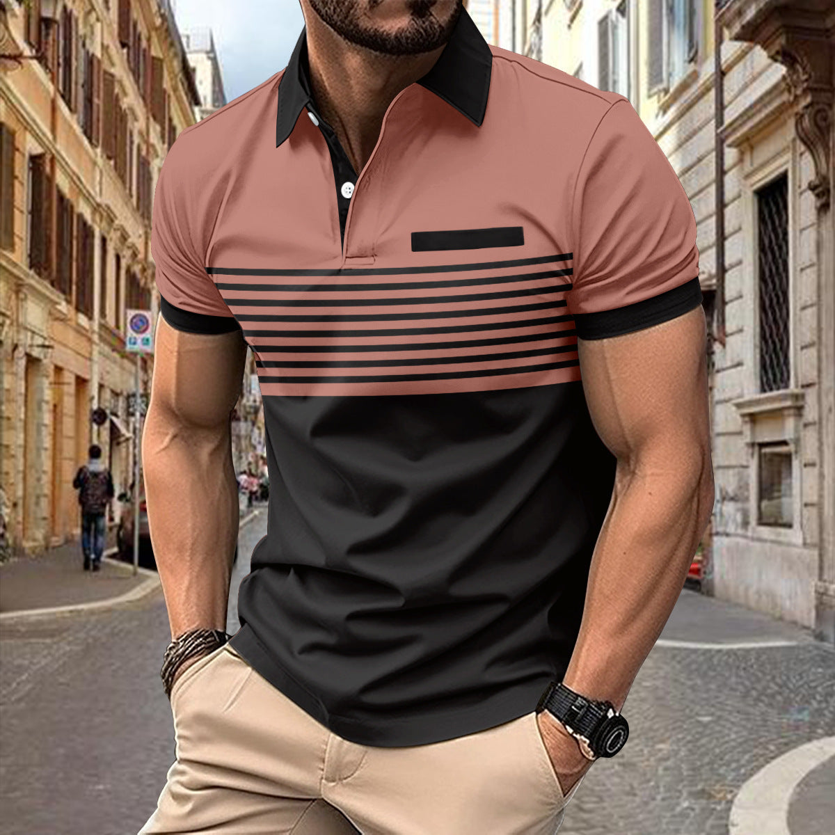 Men's Slim Fit Short Sleeve Polo Shirt with Striped Colorblock Design