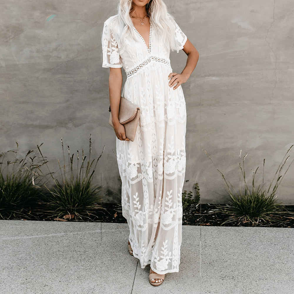 Women's V-Neck Maxi Dress with Sheer Embroidery and Short Sleeves