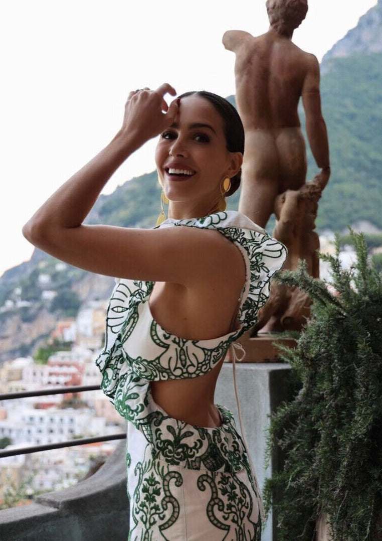 Women's Ruffled Backless Maxi Dress with Vintage-Inspired Print