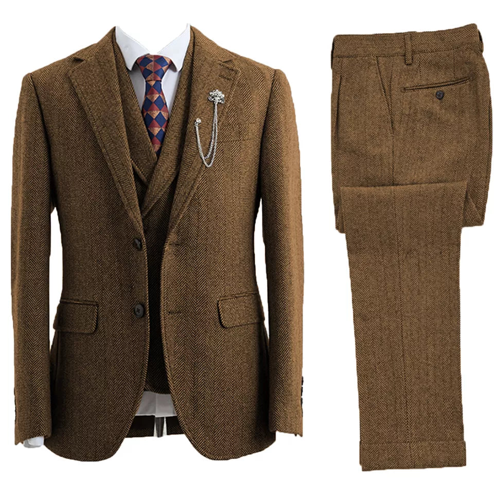 Men's Formal Tweed Three Piece Suit Set with Blazer Vest Trousers