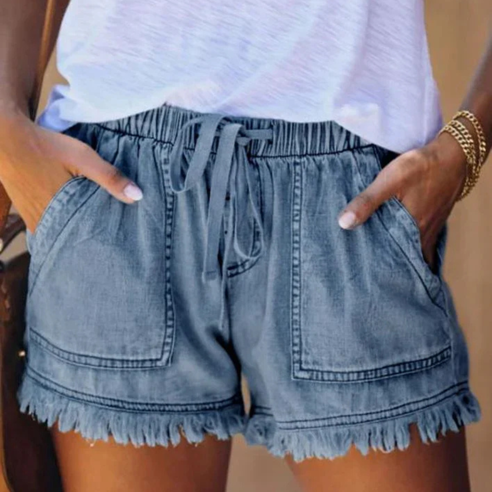 Women's High-Waist Drawstring Denim Shorts with Fringe Hem