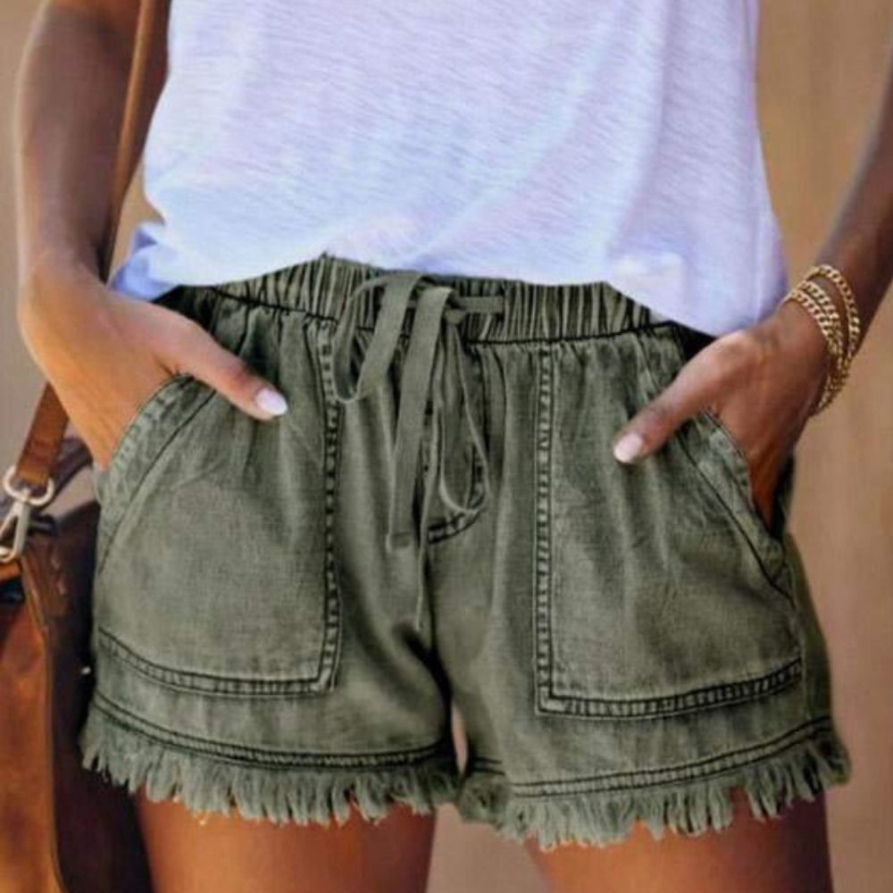 Women's High-Waist Drawstring Denim Shorts with Fringe Hem