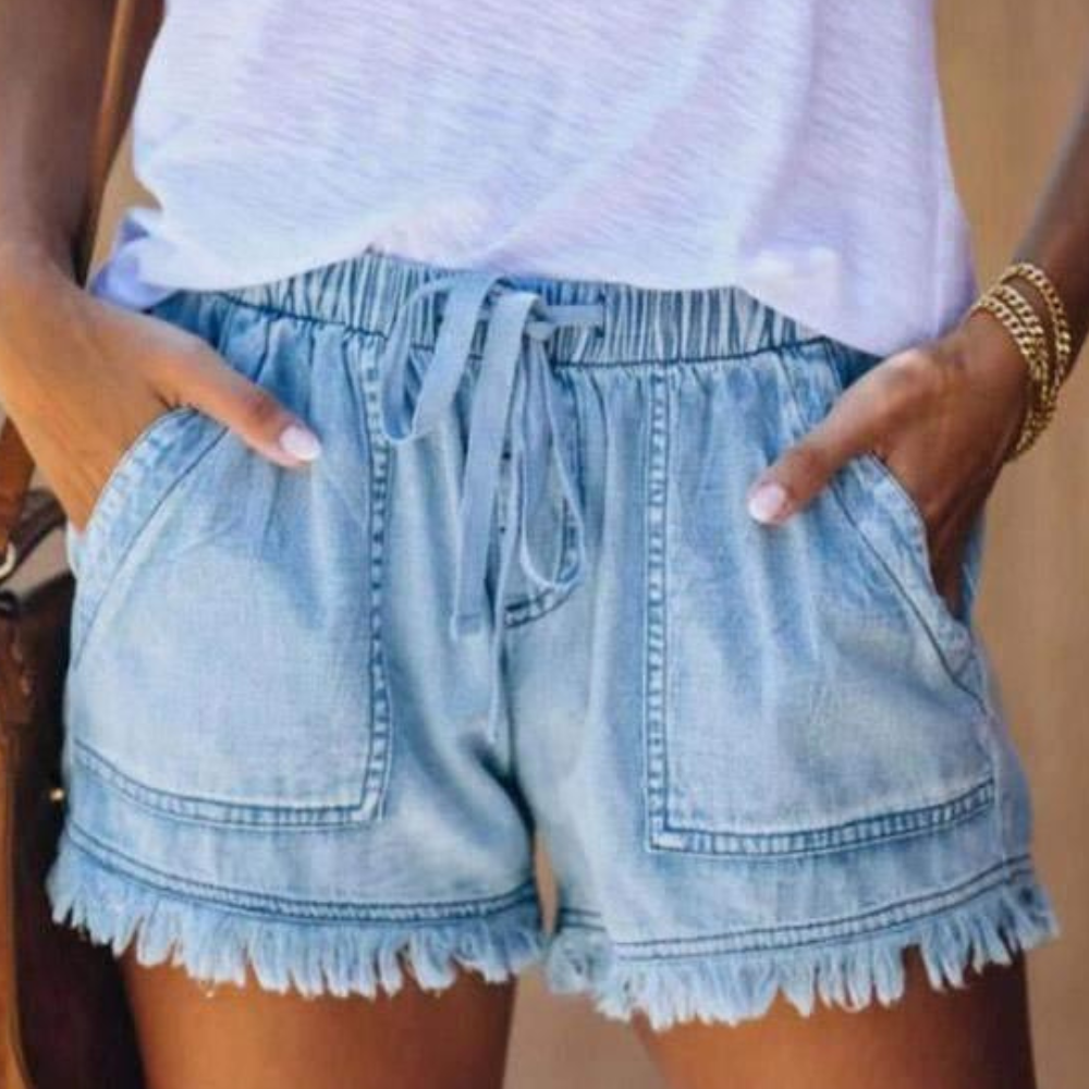 Women's High-Waist Drawstring Denim Shorts with Fringe Hem