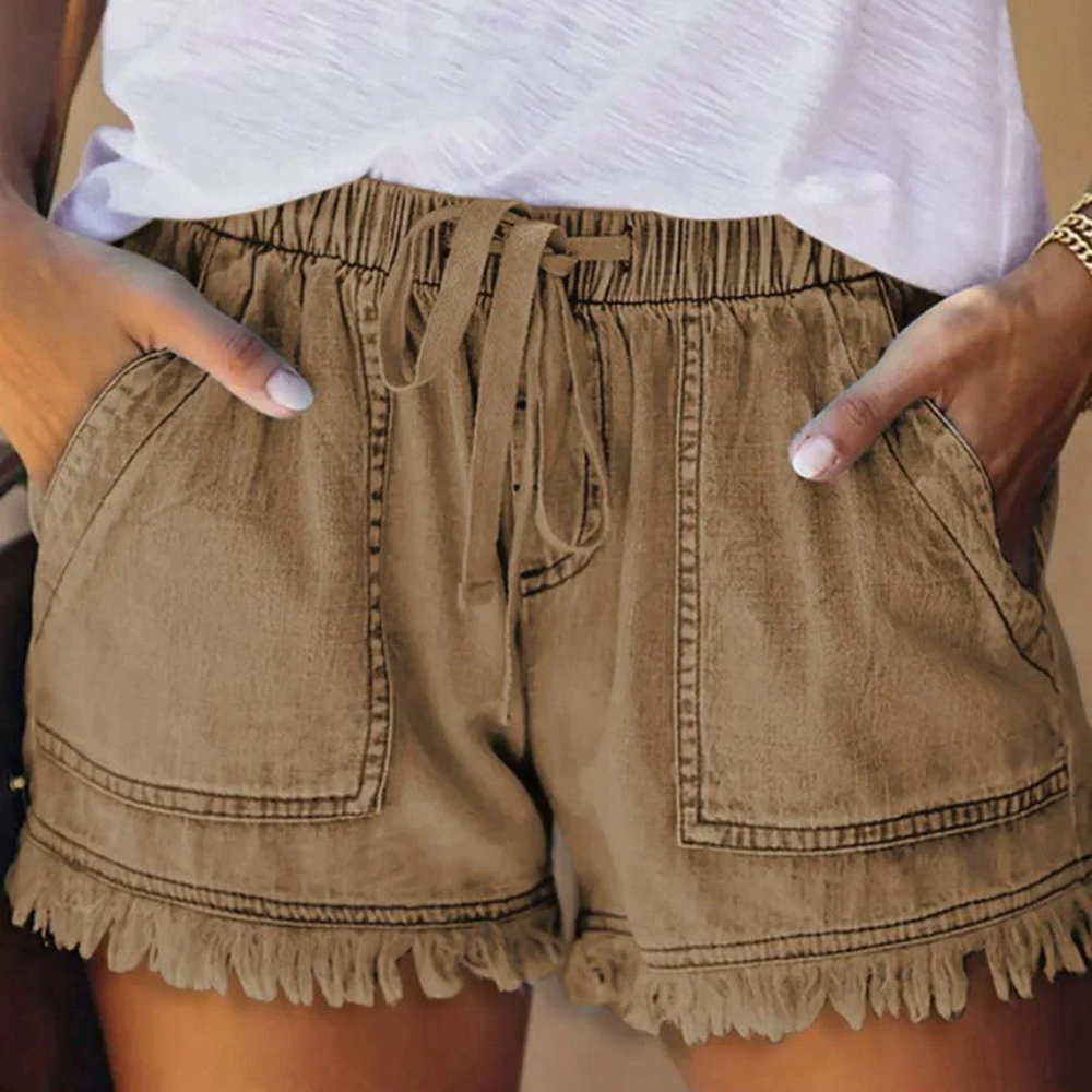 Women's High-Waist Drawstring Denim Shorts with Fringe Hem