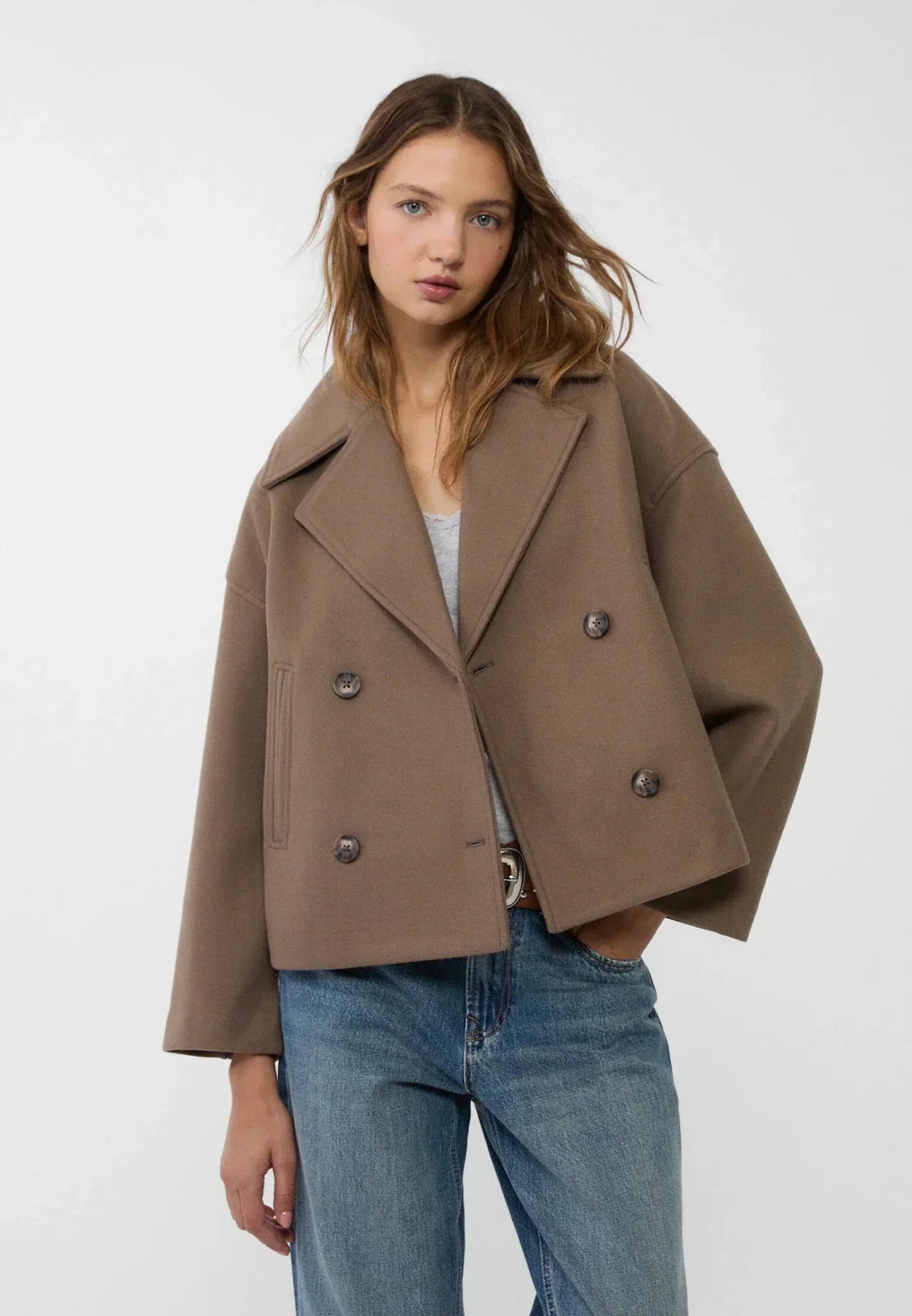 Women's Short Double-Breasted Winter Jacket with Wide Lapels